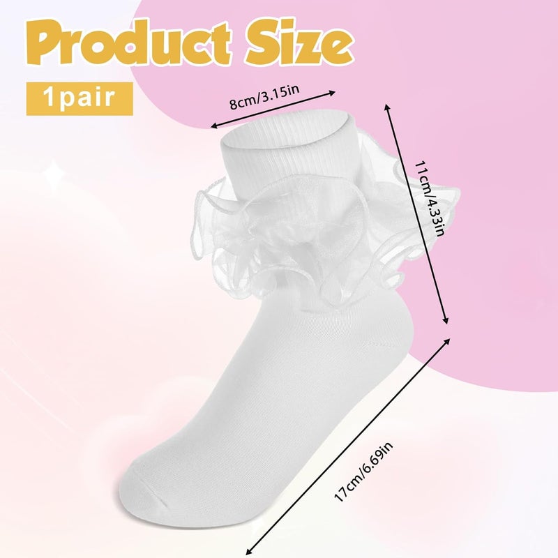 Lnngub White Ruffle Socks Women Ruffle Socks Girls Ruffle Socks White Socks with Ruffles Double Lace Turn Cuff Socks Lace Ruffle Socks Comfortable Cotton Socks Frilly Socks for Girls Aged 10-12 Years - Image 2